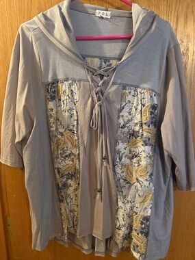 POL Taupe Hooded Lace-Up Tunic with Paisley Panels